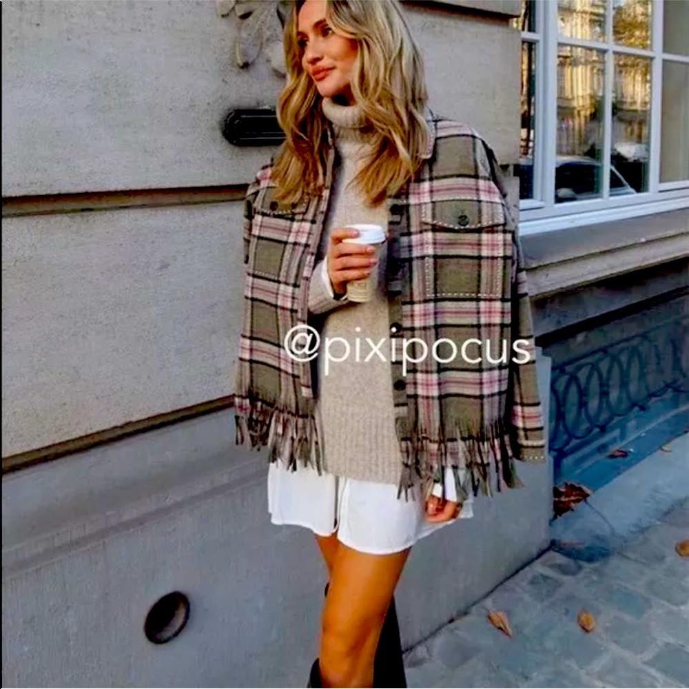 ZARA WOOL BLEND PLAID OVERSHIRT FRINGED STUDS KHAKI SHACKET NEW SIZE XS NEW